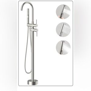 Free Standing Bathtub Faucet Set: Floor Mount Tub Filler with 3-Function Head